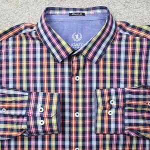 Bugatchi Uomo Shirt Mens 2XL XXL Blue/Pink/Yellow Shaped Fit Long Sleeve Cotton